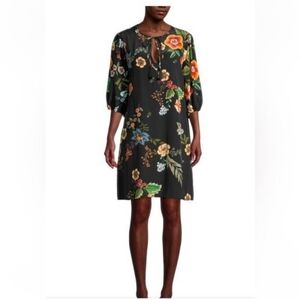 Johnny Was Zorya 100% Silk Floral Print Puff 3/4 Sleeve Mini Dress Black Size XS